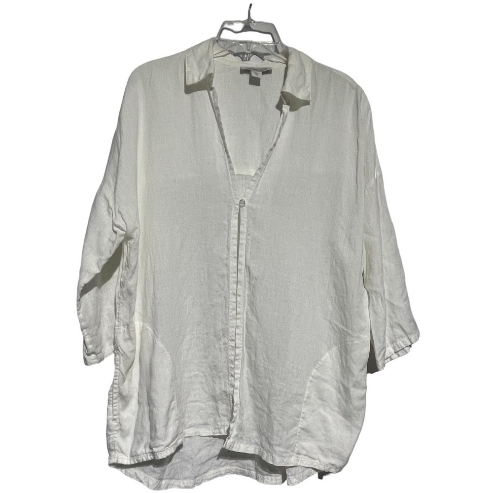 Coldwater Creek White Linen Blend Roll Tab Sleeve V-Neck Tunic Shirt Top Womens